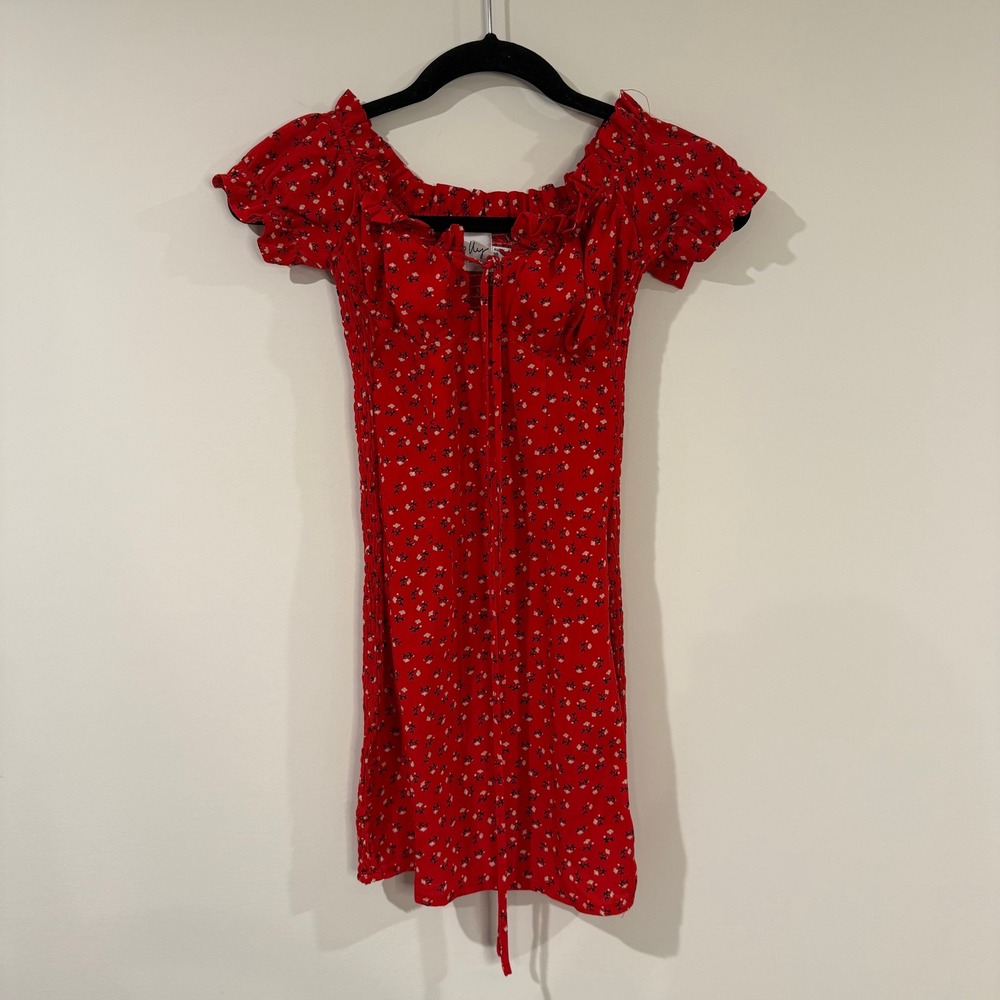 POLLY Floral Mini‎ Dress Red Ruffle Trim Short Sleeve Women's Size 0